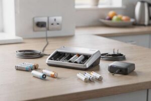 Premium rechargeable battery and charger combinations displayed for household use in the UK market.