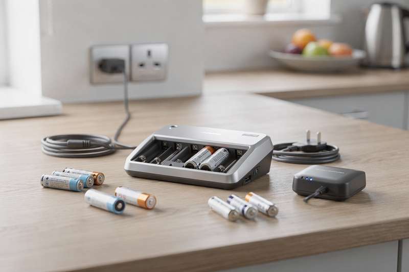 Premium rechargeable battery and charger combinations displayed for household use in the UK market.