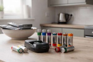 Selection of rechargeable battery types and sizes arranged with a charging dock on white background.