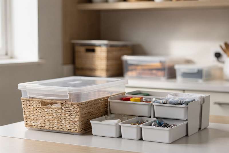 Storage boxes and organisers neatly arranged on shelves demonstrating home organization solutions.