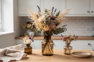 Assorted dried flowers and botanical specimens arranged in glass vases and containers for home decoration.