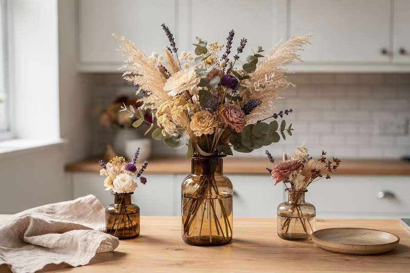 Assorted dried flowers and botanical specimens arranged in glass vases and containers for home decoration.