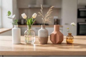 Contemporary and traditional vases arranged on a shelf displaying various styles suitable for British home interiors.