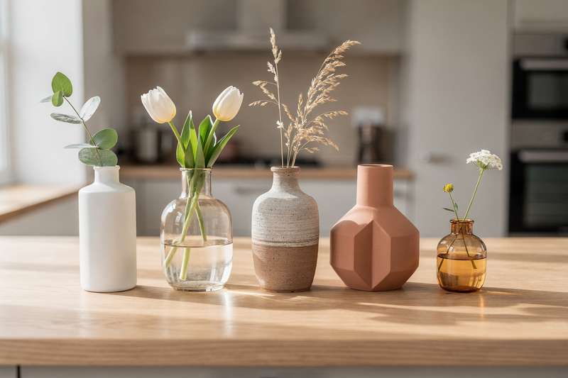 Contemporary and traditional vases arranged on a shelf displaying various styles suitable for British home interiors.