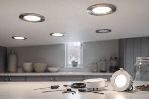 Modern recessed ceiling lights installed in a contemporary UK kitchen with warm white illumination.