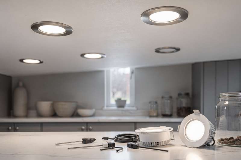 Modern recessed ceiling lights installed in a contemporary UK kitchen with warm white illumination.
