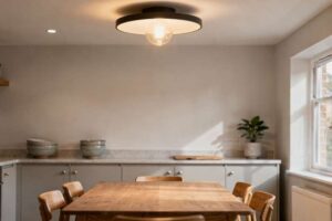 Contemporary ceiling light fixture installation in a modern UK living room with neutral décor.