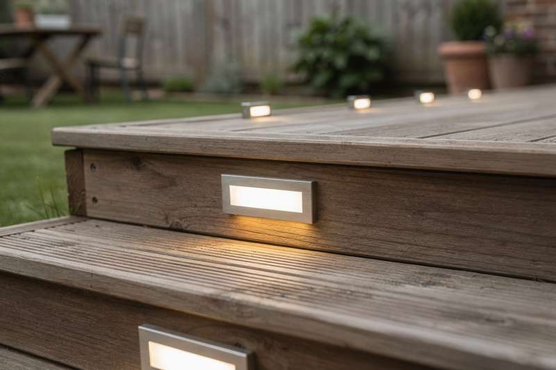 Illuminated outdoor staircase with modern LED step lights installed along treads at dusk.