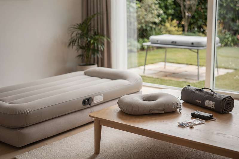 Variety of inflatable air mattresses, pillows and camping accessories arranged on white background.