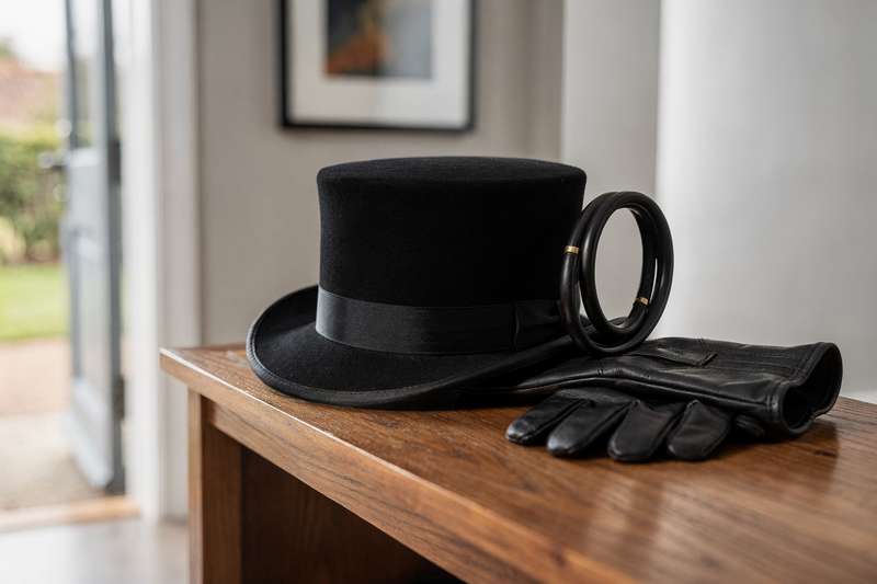 Classic black top hat worn by dressage rider during formal equestrian competition.