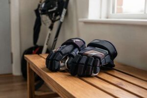 Premium hockey gloves displayed with sizing charts and protective padding specifications for British players.