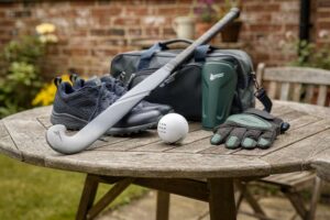 Professional field hockey equipment including stick, protective pads, and ball arranged on grass.