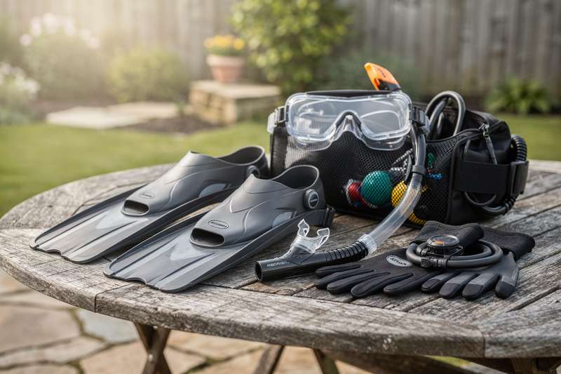 Complete diving and snorkelling equipment sets displayed with masks, fins, and wetsuits for UK purchases.