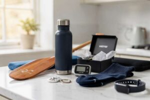 Selection of rowing equipment and crew team gifts including water bottles, ergometers, and branded apparel.