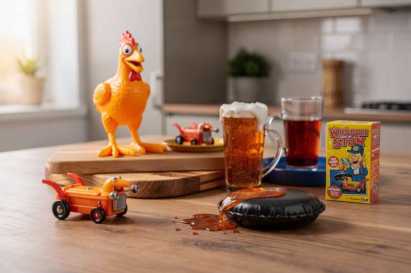 Colorful collection of novelty gag toys and joke items displayed together on a white background.