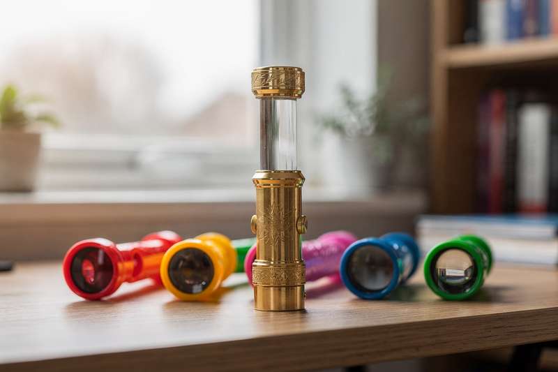 A selection of colorful kaleidoscopes ranging from small party toys to intricate handmade designs with ornate wooden cases.