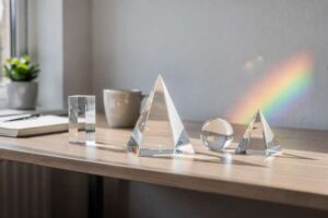 Assorted optical prisms displaying light refraction and colorful rainbow effects on white surface.
