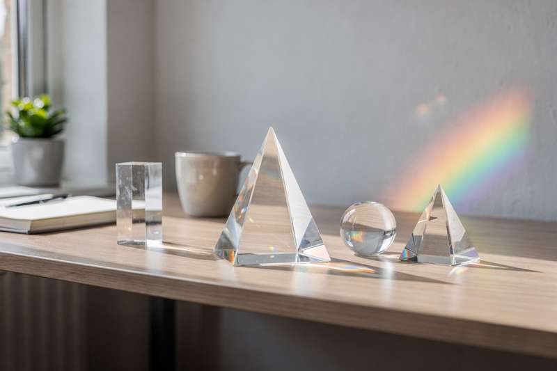 Assorted optical prisms displaying light refraction and colorful rainbow effects on white surface.