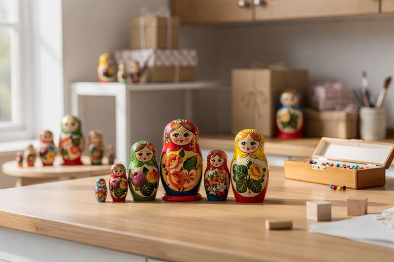 Traditional wooden matryoshka dolls arranged in descending size order, showcasing hand-painted details and vibrant colors.