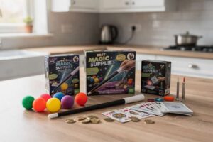 Children performing magic tricks with beginner-friendly illusion kits and props designed for young magicians learning the craft.