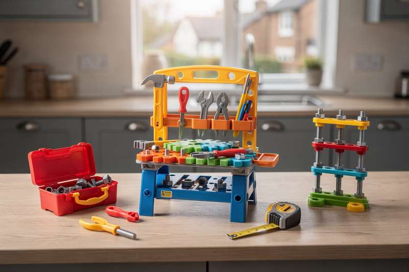 Colorful wooden blocks and construction toys arranged on a play surface for young children.