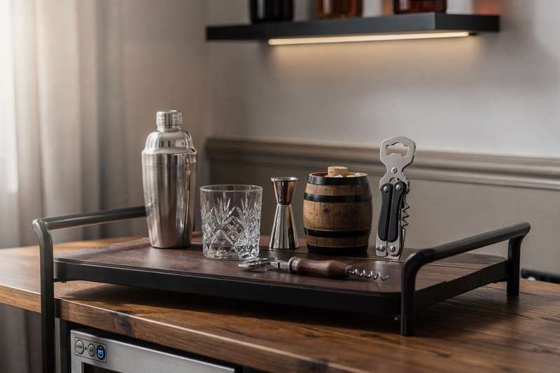 Modern home bar setup with leather seating, neon sign, and shelved spirit collection in a contemporary man cave space.
