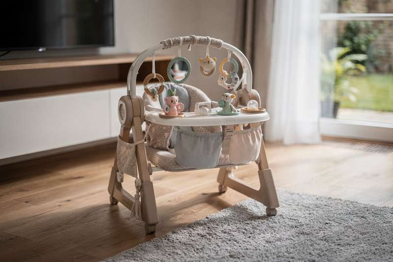 Colorful baby activity center with hanging toys and sensory features for infant development.