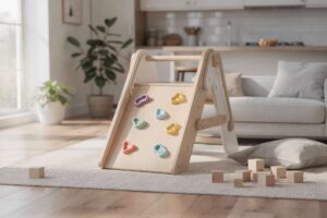 Toddler-sized indoor climbing frame with soft padding and multiple play levels designed for safe home use.