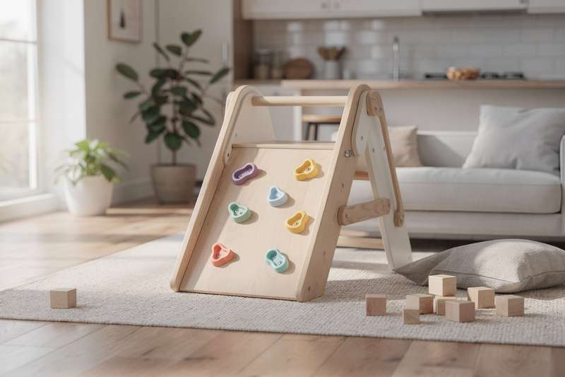 Toddler-sized indoor climbing frame with soft padding and multiple play levels designed for safe home use.