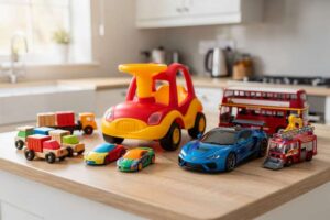 Children riding colorful ride-on toys and pedal cars in a garden setting.