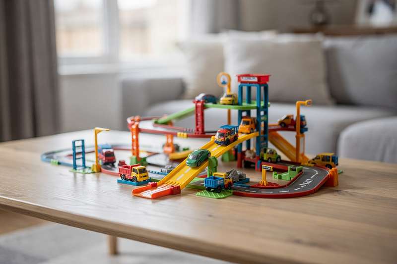 Colorful toy car and truck sets arranged on a play mat with miniature buildings and roads.