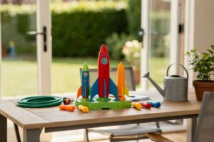 Young child launching a foam toy rocket outdoors on a sunny day.