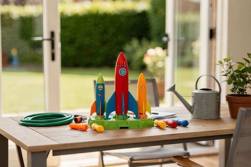 Young child launching a foam toy rocket outdoors on a sunny day.