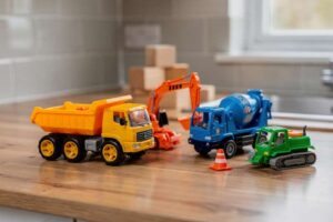 Colorful construction vehicle toy set including excavator, bulldozer, and dump truck models for children.