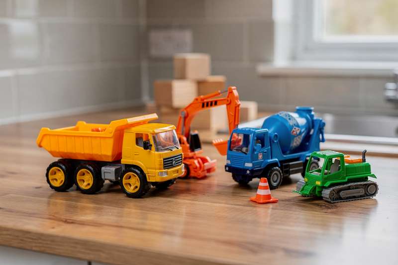 Colorful construction vehicle toy set including excavator, bulldozer, and dump truck models for children.
