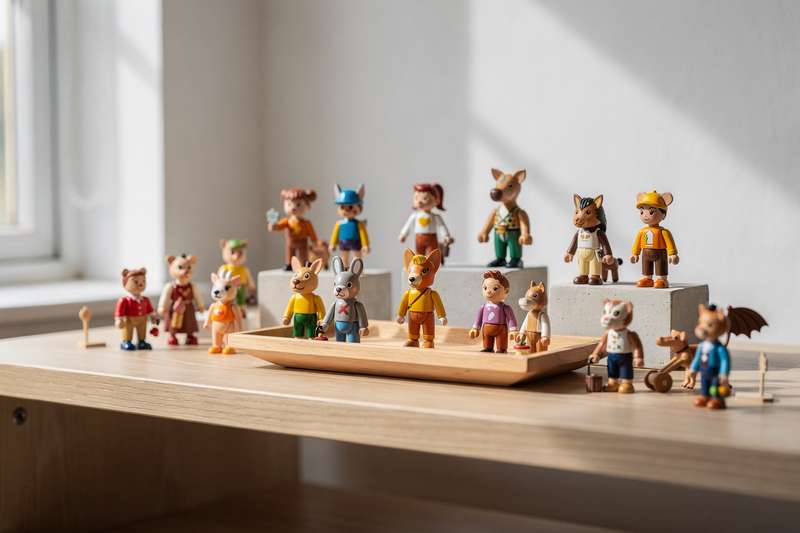 Selection of colorful plastic action figures and toy characters arranged on a white surface for comparison.