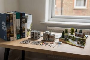 Detailed architectural model kit displaying intricate building structures and landscaped terrain features for hobbyist collectors.