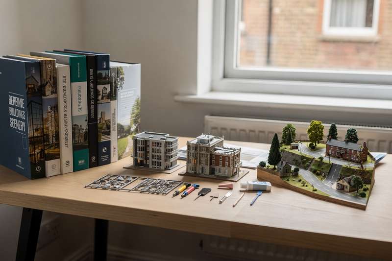 Detailed architectural model kit displaying intricate building structures and landscaped terrain features for hobbyist collectors.