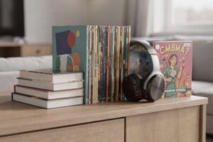 Curated collection of books, vinyl records, and comedy DVDs displayed together on a shelf.