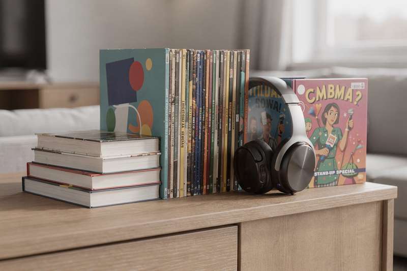 Curated collection of books, vinyl records, and comedy DVDs displayed together on a shelf.