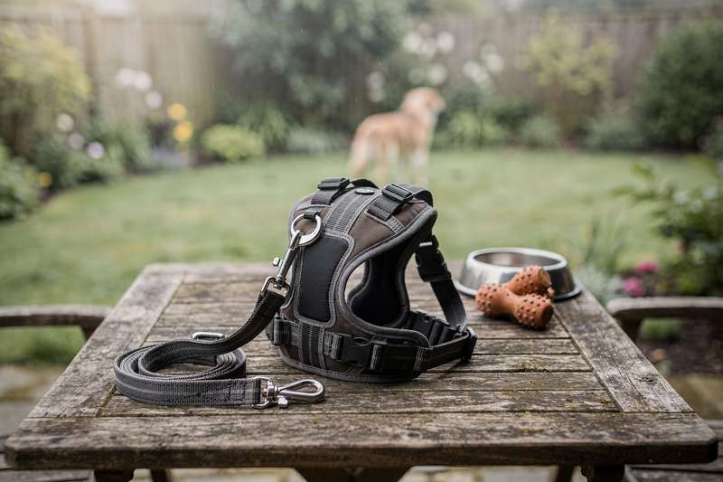 Assorted dog harnesses displayed in different styles and sizes suitable for UK walking conditions.