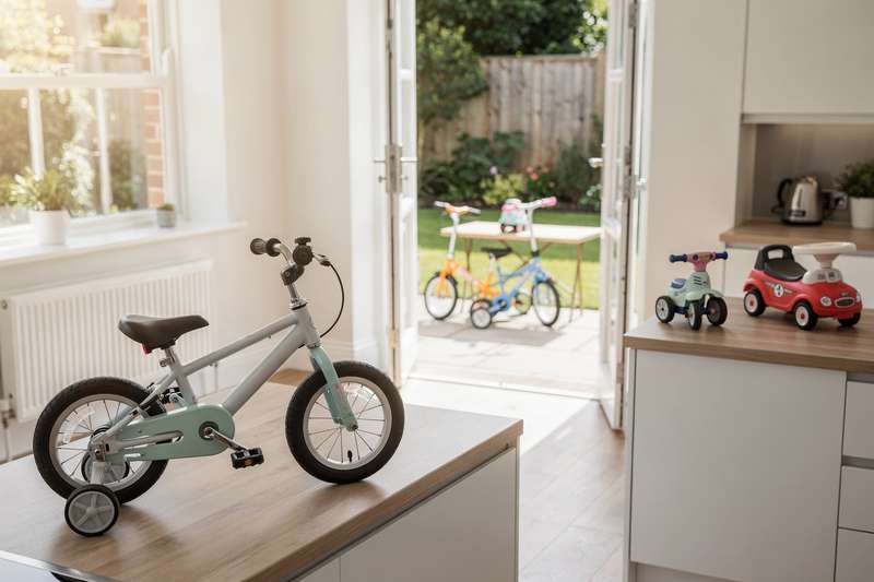 Children's bicycles, tricycles and ride-on toys displayed in a UK garden setting.