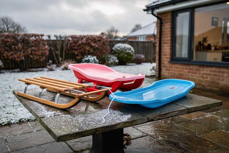 Family-friendly sledges and toboggans lined up in snowy winter landscape ready for outdoor play.