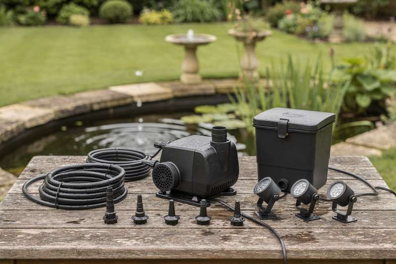 Decorative fountain nozzles and accessories arranged beside a flowing water feature in a garden setting.