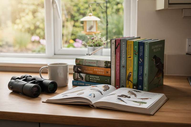 Curated collection of wildlife and ornithology books displayed on a wooden shelf for UK nature enthusiasts.