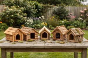 Wooden and wire hedgehog shelters displayed in a garden setting for wildlife protection.