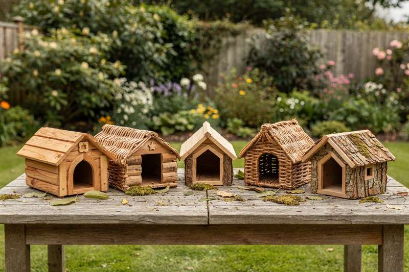 Wooden and wire hedgehog shelters displayed in a garden setting for wildlife protection.