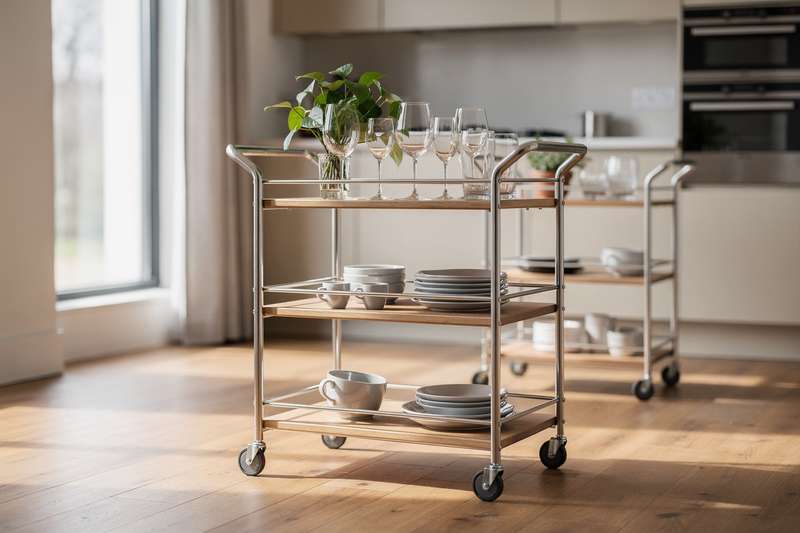 Stylish serving carts arranged in a modern UK kitchen and dining space showing practical storage and mobility options.