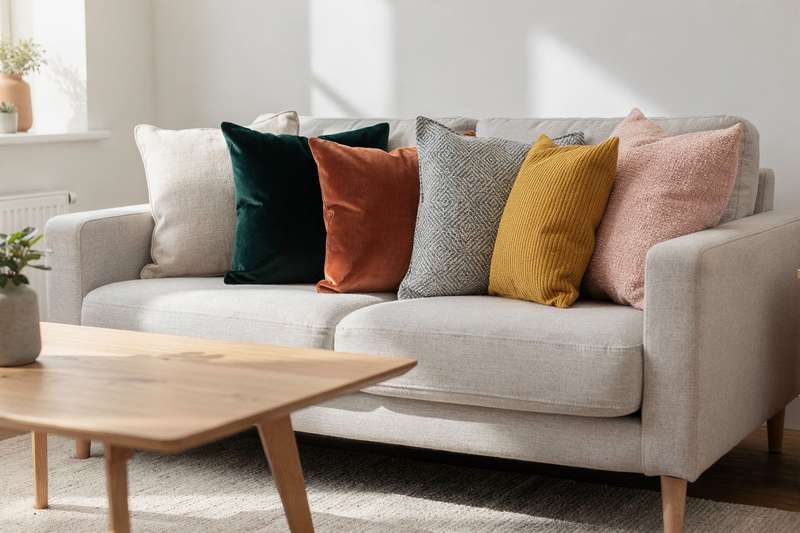 Quality cushion covers displayed on sofas and chairs showing various fabric textures and colors for home decor.