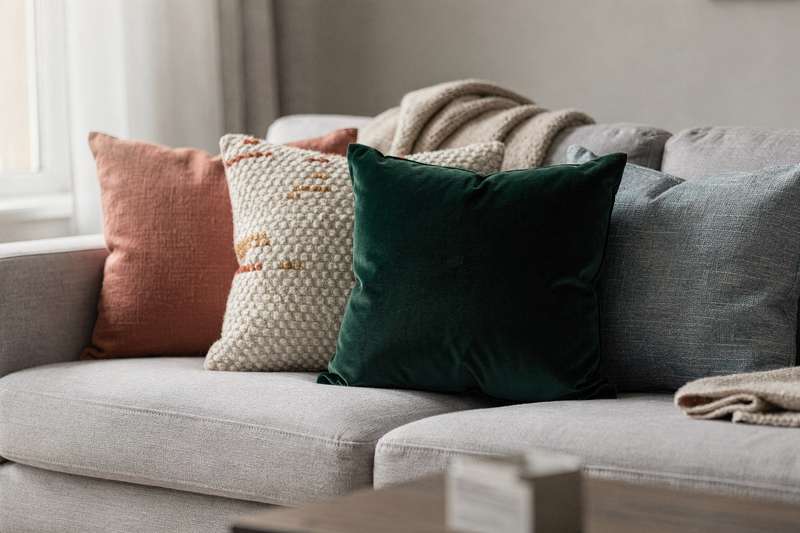 Assorted decorative pillows in various colors and textures arranged on a living room sofa.